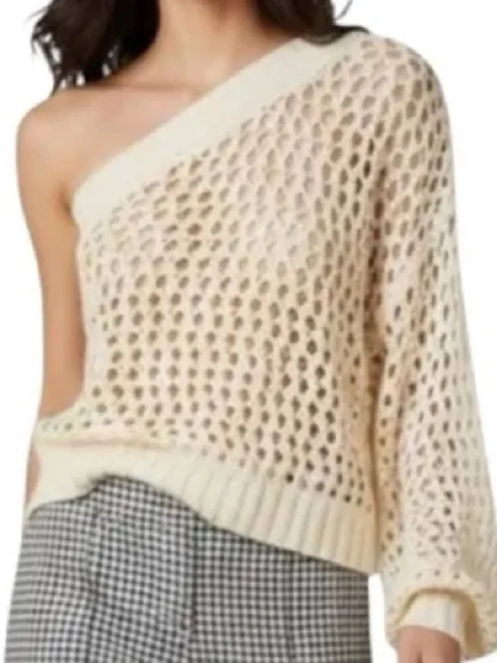 Anthropologie Cream Open-Weave Off-the-Shoulder Sweater